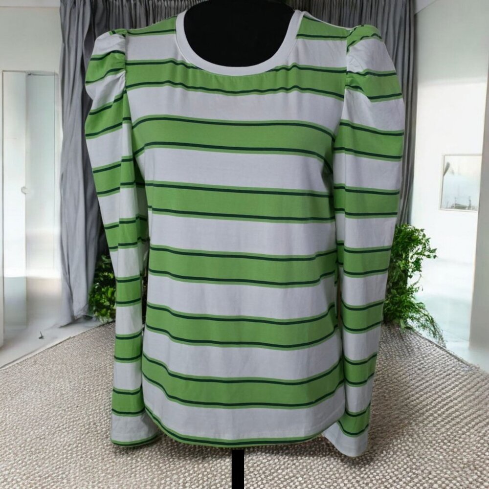 NWT MERKEETY ( MED ) Green/White Striped Long Sleeve Puff Shoulder